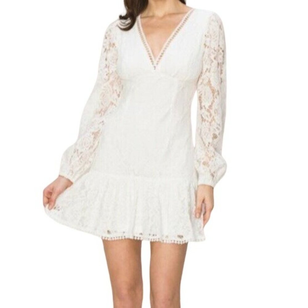 INA Lace Tie Back V-Neck Long Sleeve Mini Dress White Size Medium NWT - Picture 3 of 5